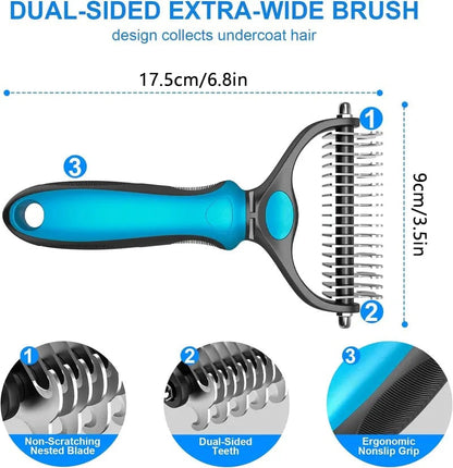 🐾Double-Sided Pet Grooming Brush – Hurtless Shedding & Dematting Undercoat Rake for Dogs and Cats
